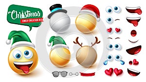 Christmas smiley creator vector set. Emoji xmas 3d characters kit of santa, snowman and reindeer with editable face for cute.