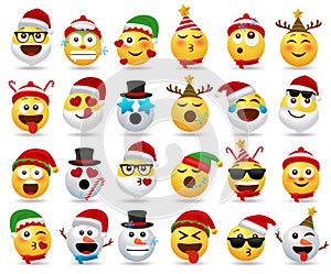 Christmas smileys character vector set. Christmas cartoon character like santa claus, snow man, elf and smiley in different.