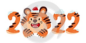 Christmas smiling cartoon tiger 2022 with santa hat. Chinese new year zodiac animal. Nursery print design. Vector illustration