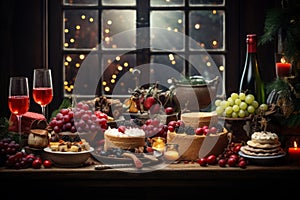 Christmas snacks assortment of cheese, wine, fruits and berries. Christmas table, snack arrangements