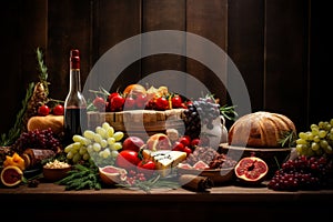 Christmas snacks assortment of cheese, wine, fruits and berries. Christmas table, snack arrangements