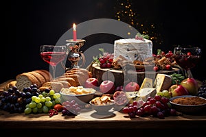 Christmas snacks assortment of cheese, wine, fruits and berries. Christmas table, snack arrangements