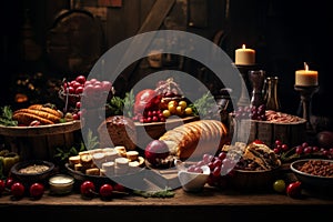 Christmas snacks assortment of cheese, wine, fruits and berries. Christmas table, snack arrangements