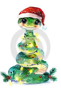 Christmas Snake Wrapped in Festive Garland with Santa Hat Illustration