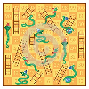 Christmas snakes and ladders board game for children with cute animals. Educational boardgame with serpents in hats and scarfs.