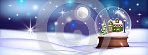 Christmas snow ball vector background with house, tree, moon, stars,night sky.