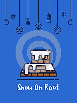 Christmas snow capped on roof icon with christmas ornament elements hanging