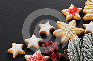 Christmas snow-covered spruce branch, home made star shaped cookies with icing on black background, copy space