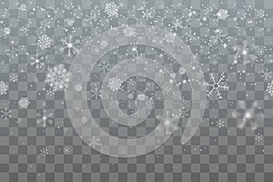 Christmas snow fall, overlay background. Transparent winter isolated effect, glitter night flakes, xmas bokeh. Cold