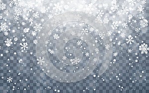 Christmas snow. Falling snowflakes on dark background. Snowfall. Vector illustration