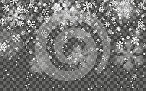 Christmas snow. Falling snowflakes on dark background. Snowflake transparent decoration effect. Xmas snow flake pattern. Magic photo
