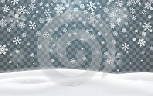 Christmas snow. Falling snowflakes on dark background. Snowflake transparent decoration effect. Xmas snow flake pattern. Magic