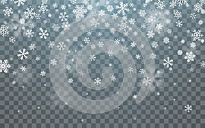 Christmas snow. Falling snowflakes on dark background. Snowflake transparent decoration effect. Xmas snow flake pattern. Magic