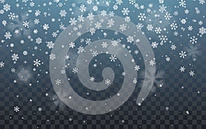 Christmas snow. Falling snowflakes on dark background. Snowflake transparent decoration effect. Xmas snow flake pattern. Magic