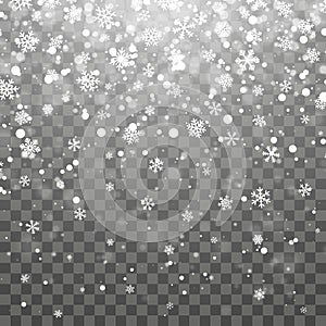 Christmas snow. Falling snowflakes on dark background. Snowflake transparent decoration effect. Xmas snow flake pattern. Magic