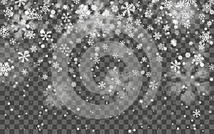 Christmas snow. Falling snowflakes on dark background. Snowflake transparent decoration effect. Xmas snow flake pattern. Magic