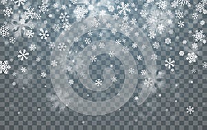 Christmas snow. Falling snowflakes on dark background. Snowflake transparent decoration effect. Xmas snow flake pattern. Magic