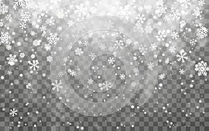 Christmas snow. Falling snowflakes on dark background. Snowflake transparent decoration effect. Xmas snow flake pattern. Magic