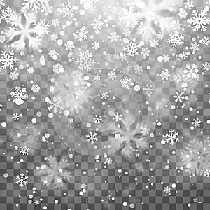 Christmas snow. Falling snowflakes on dark background. Snowflake transparent decoration effect. Xmas snow flake pattern. Magic