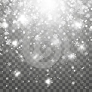 Christmas snow. Falling snowflakes on dark background. Snowflake transparent decoration effect. Xmas snow flake pattern. Magic