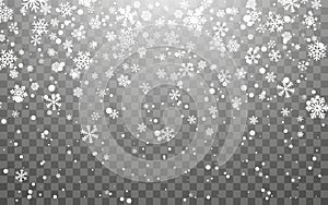 Christmas snow. Falling snowflakes on dark background. Snowflake transparent decoration effect. Xmas snow flake pattern. Magic