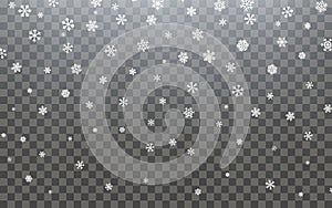 Christmas snow. Falling snowflakes on dark background. Snowflake transparent decoration effect. Xmas snow flake pattern. Magic