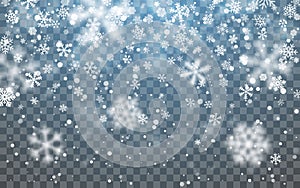 Christmas snow. Falling snowflakes on dark background. Snowflake transparent decoration effect. Xmas snow flake pattern. Magic