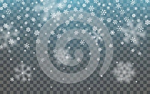 Christmas snow. Falling snowflakes on dark background. Snowflake transparent decoration effect. Xmas snow flake pattern. Magic