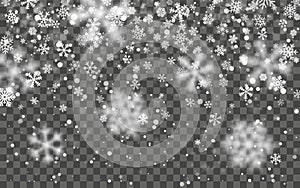 Christmas snow. Falling snowflakes on dark background. Snowflake transparent decoration effect. Xmas snow flake pattern. Magic