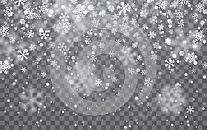 Christmas snow. Falling snowflakes on dark background. Snowflake transparent decoration effect. Xmas snow flake pattern. Magic