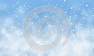 Christmas snow. Falling snowflakes on light blue background. Snowfall. Vector illustration