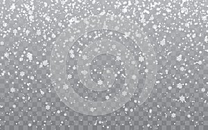 Christmas snow. Falling snowflakes on transparent background. Snowfall. Vector illustration