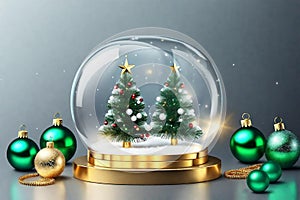 Christmas snow glass winter ball. Template round podium studio space for objects festive design. Realistic 3d elements, gift box &