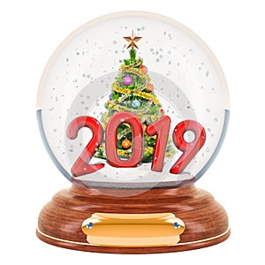 Christmas snow globe 2019 with Christmas tree inside, 3D rendering