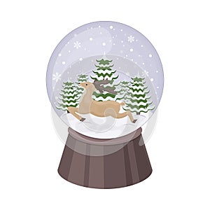 Christmas snow globe in cartoon style. A snow globe with a running Santa Claus reindeer and Christmas trees in the