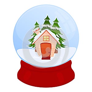 Christmas snow globe with a cute house, winter forest. Vector New Year\'s snow globe