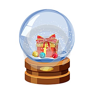 Christmas Snow globe with the falling snow, with gift and christmas balls, cartoon, vector, illustration