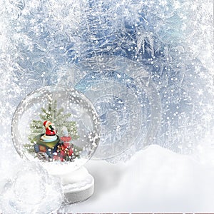 Christmas Snow globe on the frost background