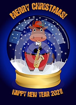 Christmas snow globe. Funny Christmas bull plays on the saxaphone and congratulates on the holidays. photo