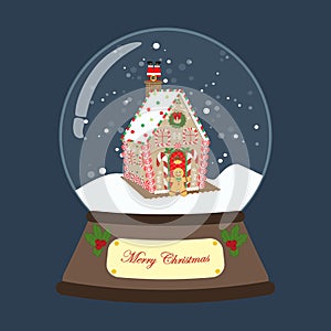 Christmas snow globe with gingerbread house illustration