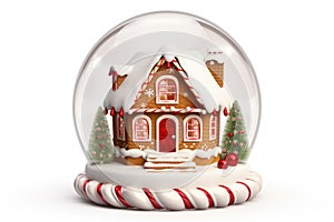 Christmas snow globe with gingerbread house inside on white background. AI generated