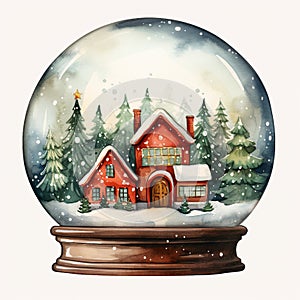 Christmas Snow Globe Illustration with Sparkling Snow, Cozy House Snowball Holiday Decoration, generative AI