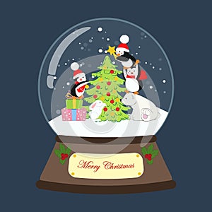 Christmas snow globe with penguins and bear vector illustration