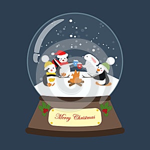 Christmas snow globe with penguins and rabbit