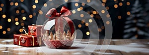 Christmas Snow Globe with Pine Trees and Small Gift Boxes on a Wood Surface Banner. Generative AI
