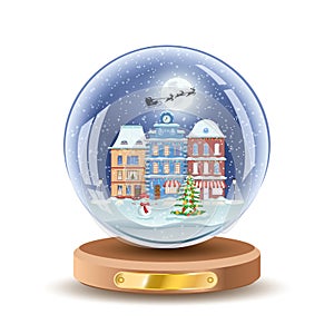 Christmas snow globe with small cityscape. Vector Xmas gift glass ball illustration. Isolated on white color.