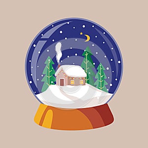 Christmas snow globe with a small house in fir-tree winter forest with snowfall.