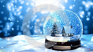 Christmas Snow globe Snowflake with Snowfall on Blue Background photo