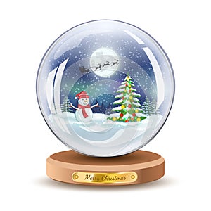 Christmas snow globe with snowman and Christmas fir tree. Vector Xmas gift glass ball illustration. Isolated on white color.