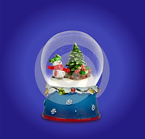 Christmas snow globe. Snowman with gifts.